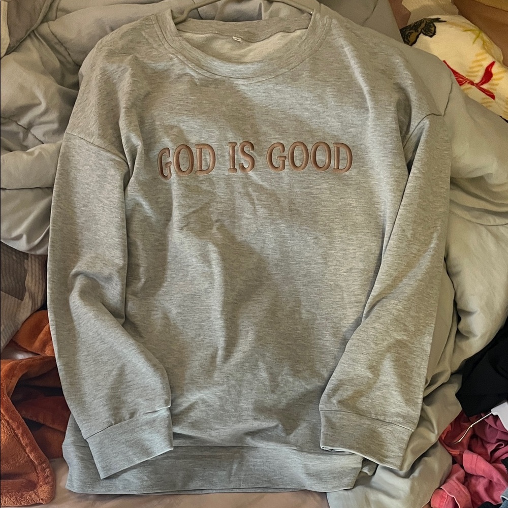 Gray Crewneck Sweater with Embroidered Text